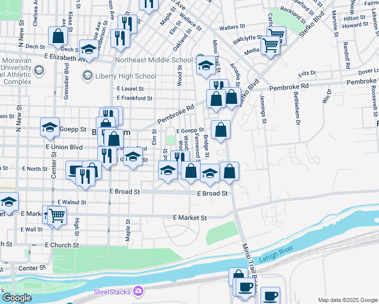 map of restaurants, bars, coffee shops, grocery stores, and more near 760 Wood Street in Bethlehem