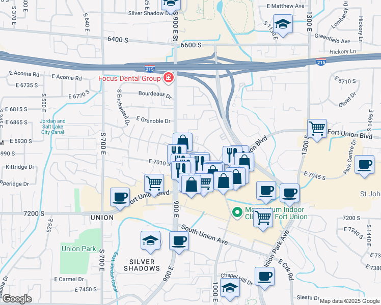 map of restaurants, bars, coffee shops, grocery stores, and more near 944 Essex Court Way in Midvale