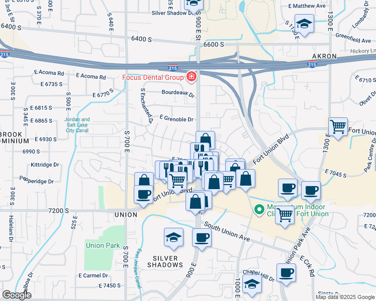map of restaurants, bars, coffee shops, grocery stores, and more near 6962 South 880 East in Midvale