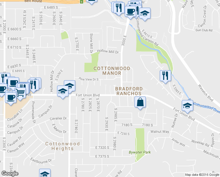 map of restaurants, bars, coffee shops, grocery stores, and more near 6947 Twin Aspen Cove in Salt Lake City