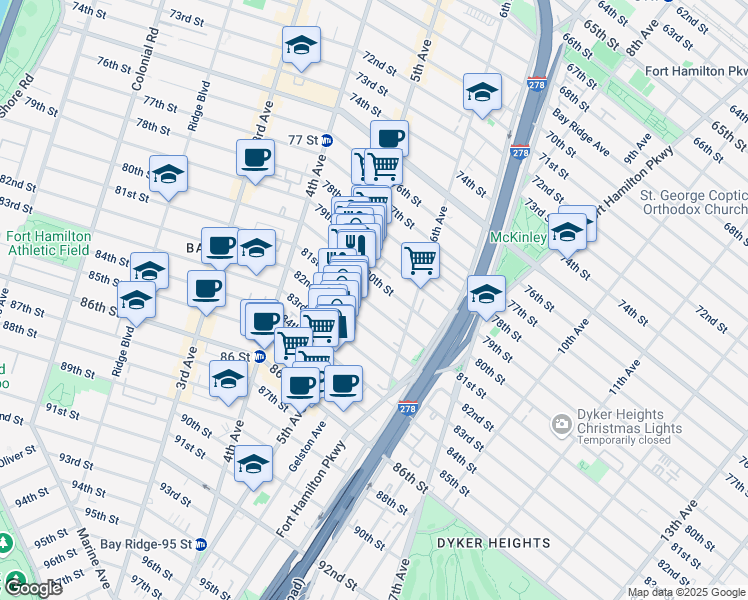 map of restaurants, bars, coffee shops, grocery stores, and more near 533 81st Street in Brooklyn