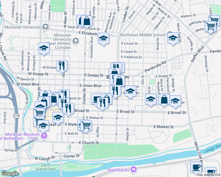 map of restaurants, bars, coffee shops, grocery stores, and more near 227 East Garrison Street in Bethlehem