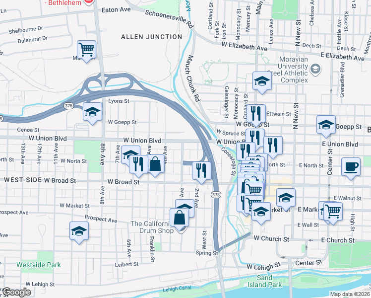 map of restaurants, bars, coffee shops, grocery stores, and more near 723 3rd Avenue in Bethlehem