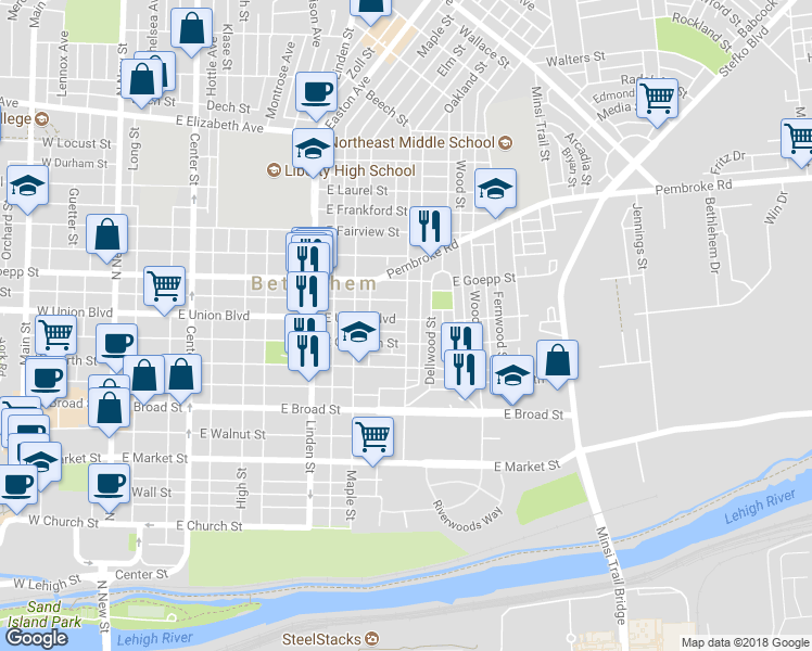 map of restaurants, bars, coffee shops, grocery stores, and more near 799 Elm Street in Bethlehem