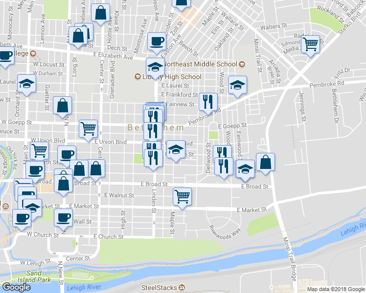 map of restaurants, bars, coffee shops, grocery stores, and more near 418 East Union Boulevard in Bethlehem