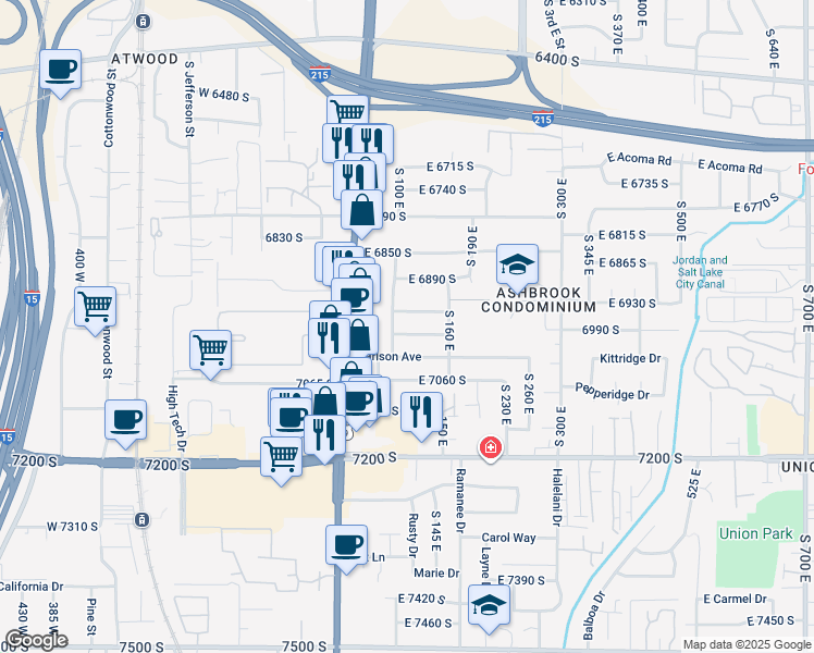 map of restaurants, bars, coffee shops, grocery stores, and more near 103 East 6980 South in Midvale