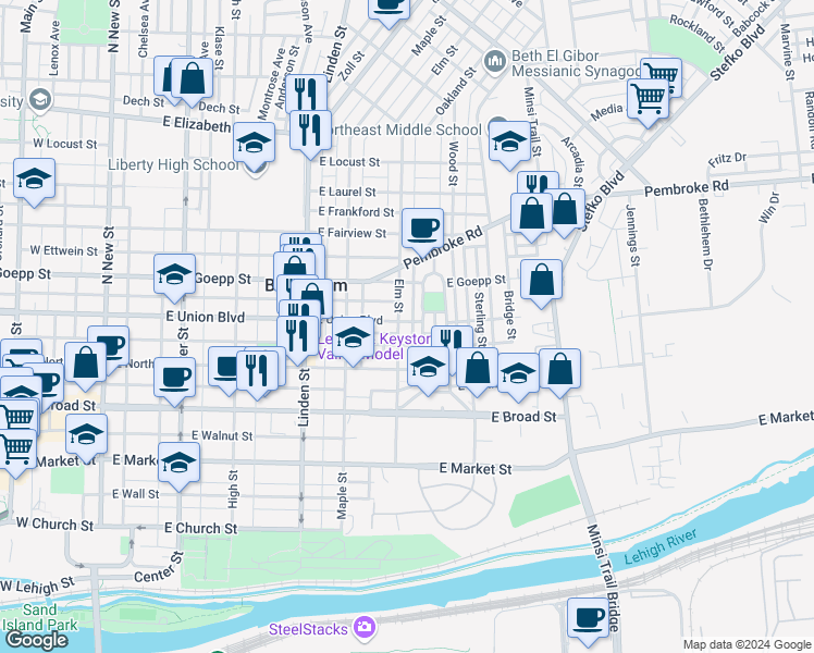 map of restaurants, bars, coffee shops, grocery stores, and more near 744 Elm Street in Bethlehem
