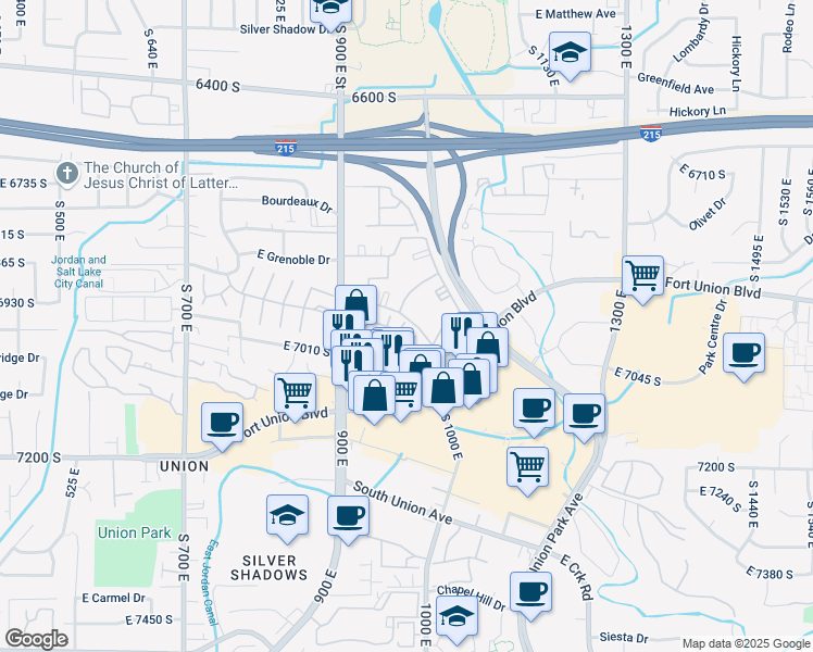 map of restaurants, bars, coffee shops, grocery stores, and more near 910 Essex Court Way in Midvale