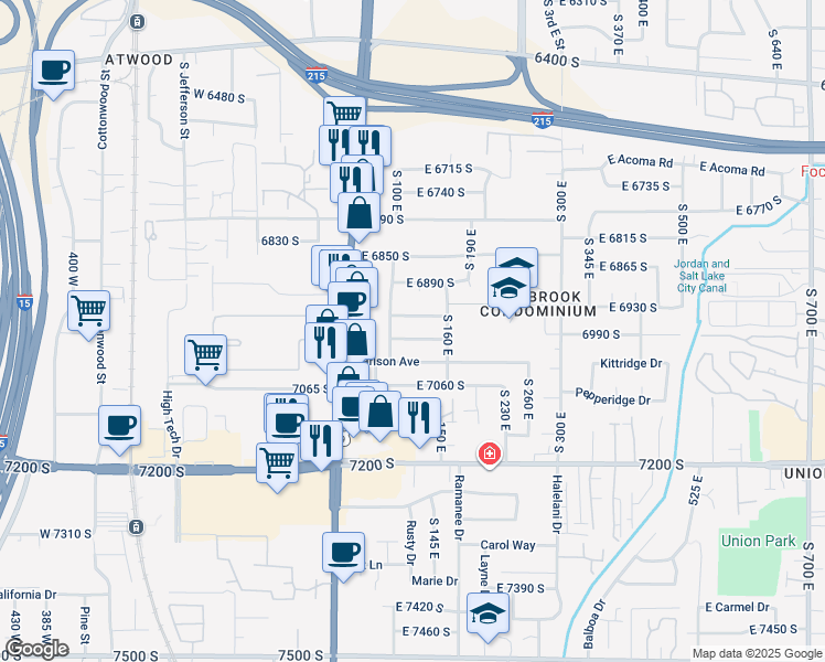 map of restaurants, bars, coffee shops, grocery stores, and more near 103 East 6980 South in Midvale