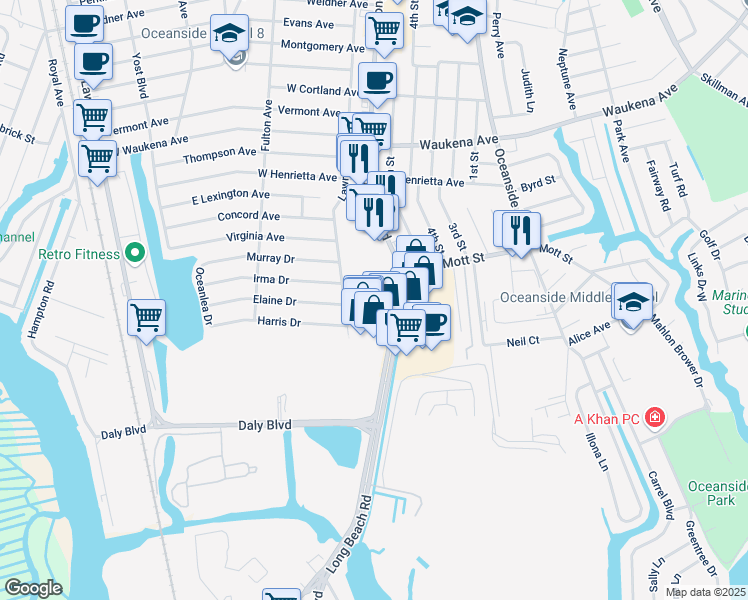 map of restaurants, bars, coffee shops, grocery stores, and more near 64 Long Beach Road in Oceanside