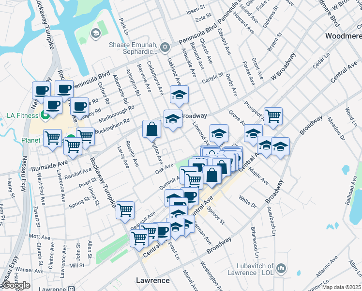 map of restaurants, bars, coffee shops, grocery stores, and more near 261 Cedarhurst Avenue in Cedarhurst