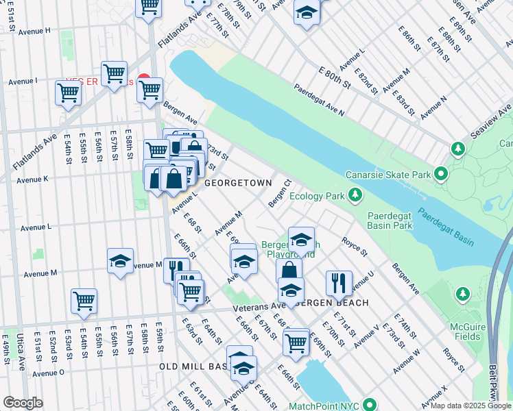 map of restaurants, bars, coffee shops, grocery stores, and more near 7020 Avenue M in Brooklyn