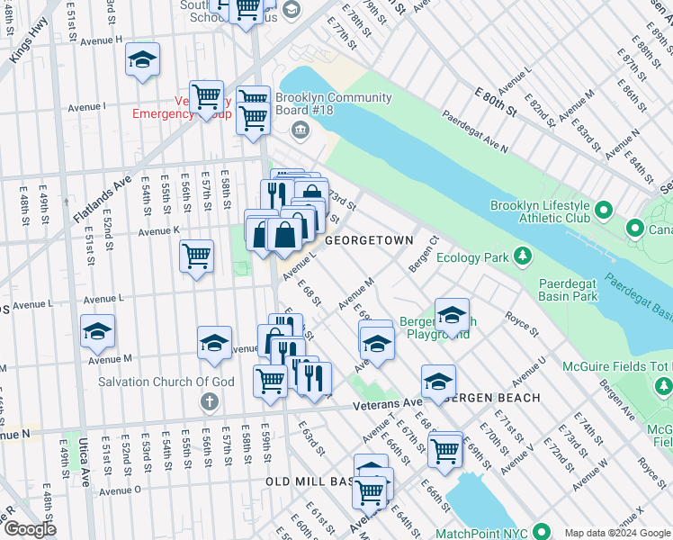 map of restaurants, bars, coffee shops, grocery stores, and more near 1234 East 69th Street in Brooklyn