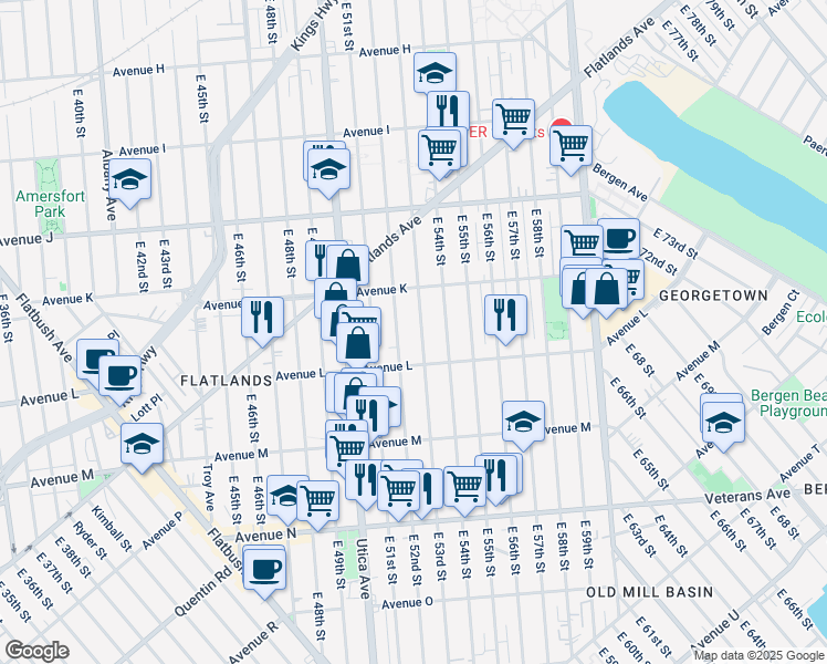 map of restaurants, bars, coffee shops, grocery stores, and more near 1397 East 53rd Street in Brooklyn