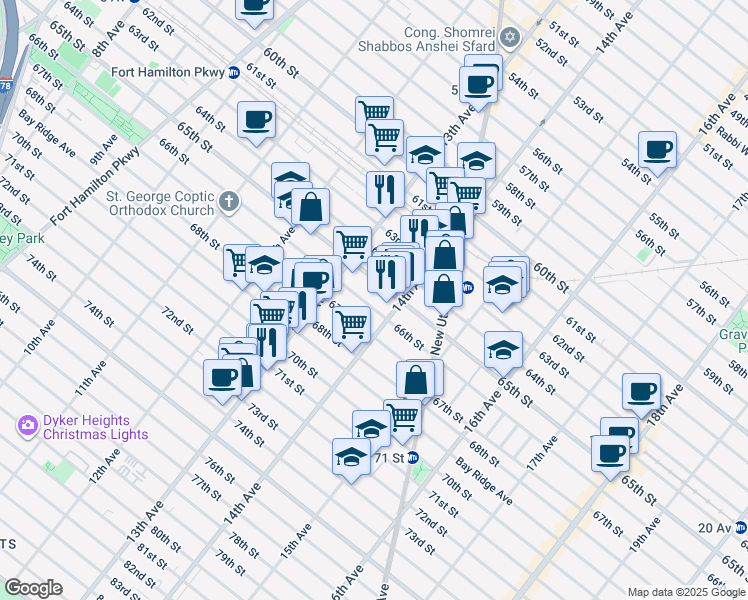 map of restaurants, bars, coffee shops, grocery stores, and more near 1350 66th Street in Brooklyn