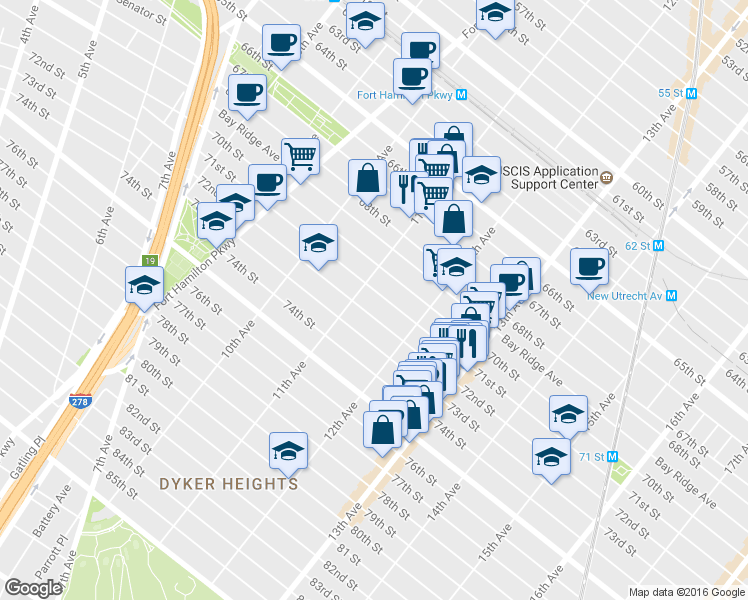 map of restaurants, bars, coffee shops, grocery stores, and more near 1142 71st Street in Brooklyn