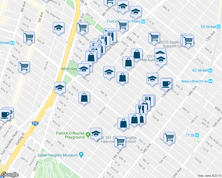 map of restaurants, bars, coffee shops, grocery stores, and more near 1056 73rd Street in Brooklyn