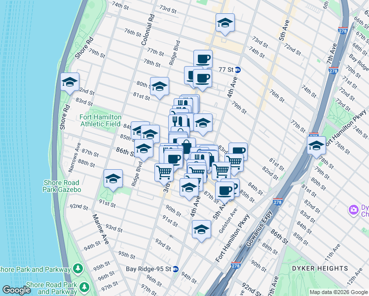 map of restaurants, bars, coffee shops, grocery stores, and more near 330 84th Street in Brooklyn