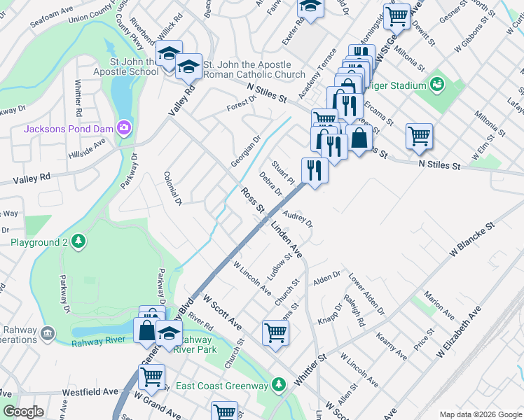 map of restaurants, bars, coffee shops, grocery stores, and more near 862 Ross Street in Rahway