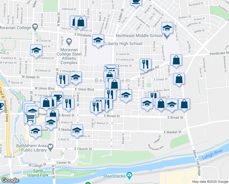 map of restaurants, bars, coffee shops, grocery stores, and more near 739 Linden Street in Bethlehem