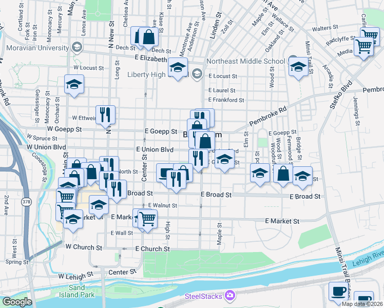 map of restaurants, bars, coffee shops, grocery stores, and more near 227 East Garrison Street in Bethlehem