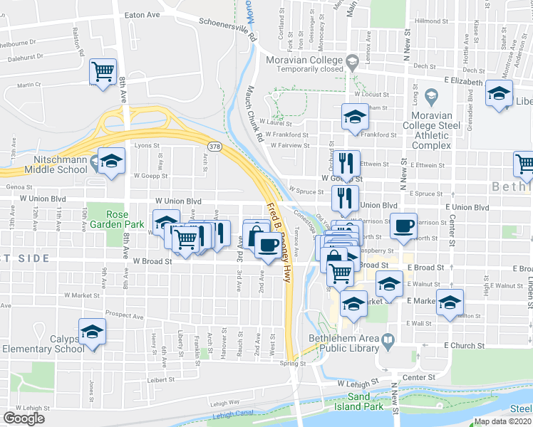 map of restaurants, bars, coffee shops, grocery stores, and more near 725 2nd Avenue in Bethlehem
