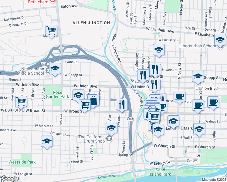 map of restaurants, bars, coffee shops, grocery stores, and more near 725 2nd Avenue in Bethlehem