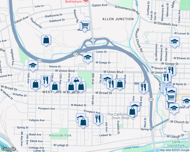 map of restaurants, bars, coffee shops, grocery stores, and more near 720 8th Avenue in Bethlehem
