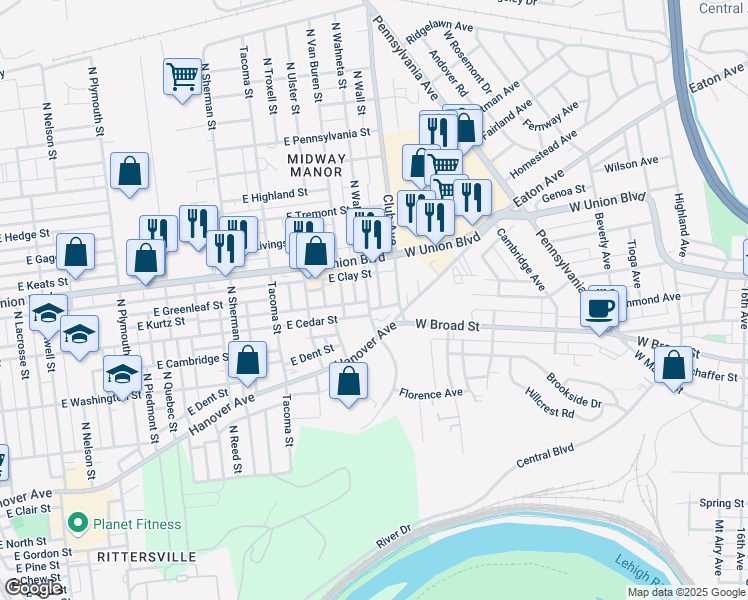 map of restaurants, bars, coffee shops, grocery stores, and more near 851 North Wahneta Street in Allentown