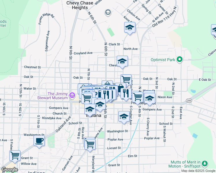 map of restaurants, bars, coffee shops, grocery stores, and more near 103 North 6th Street in Indiana
