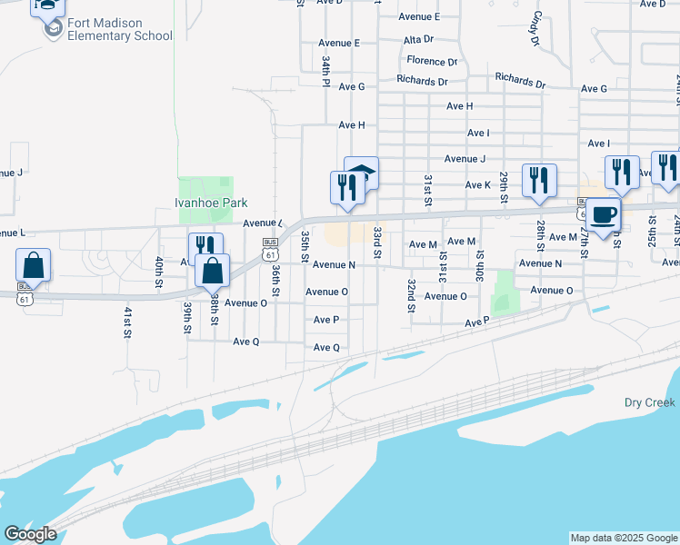map of restaurants, bars, coffee shops, grocery stores, and more near 1403 34th Street in Fort Madison