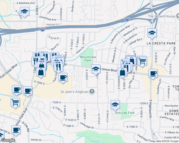 map of restaurants, bars, coffee shops, grocery stores, and more near 1952 Fort Union Boulevard in Salt Lake City