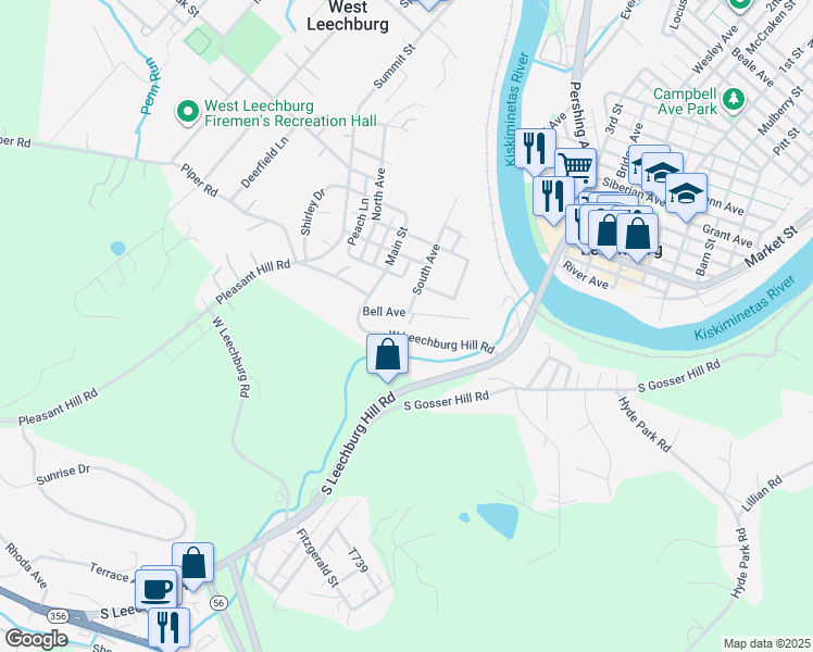 map of restaurants, bars, coffee shops, grocery stores, and more near 110 Bell Avenue in Leechburg