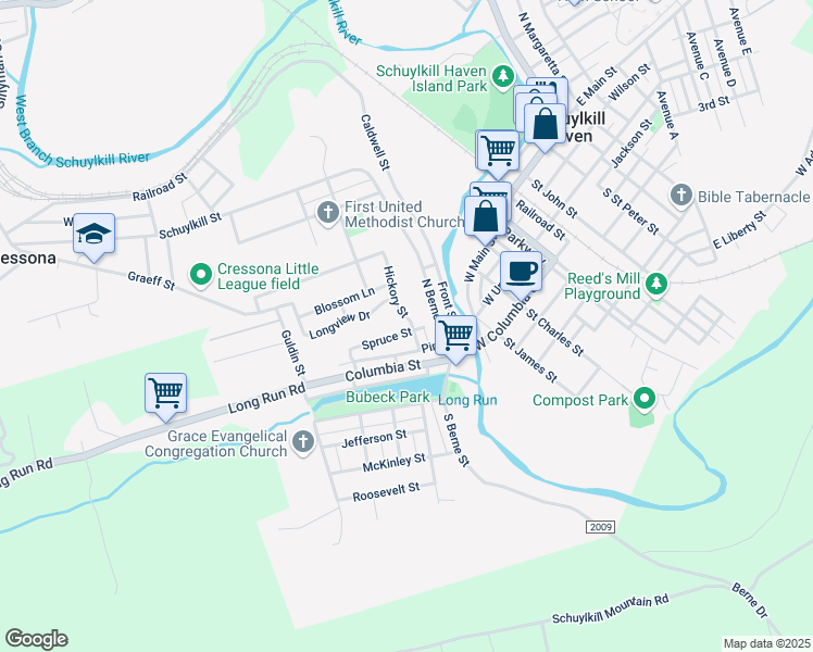 map of restaurants, bars, coffee shops, grocery stores, and more near 435 Spruce Street in Schuylkill Haven