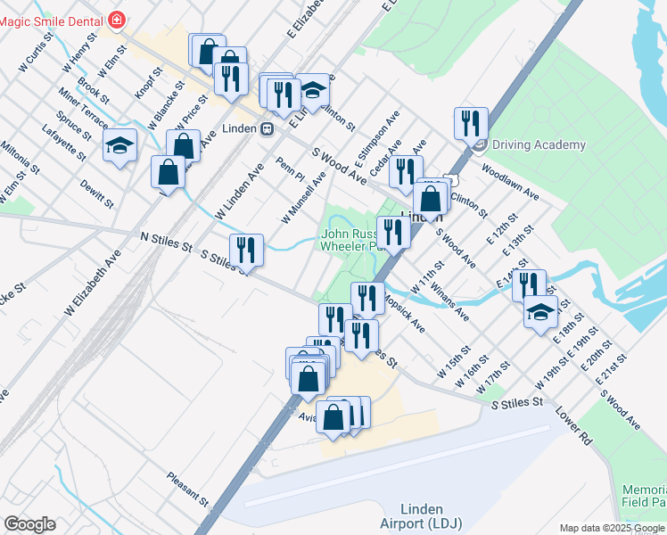 map of restaurants, bars, coffee shops, grocery stores, and more near 307 Kennedy Drive in Linden