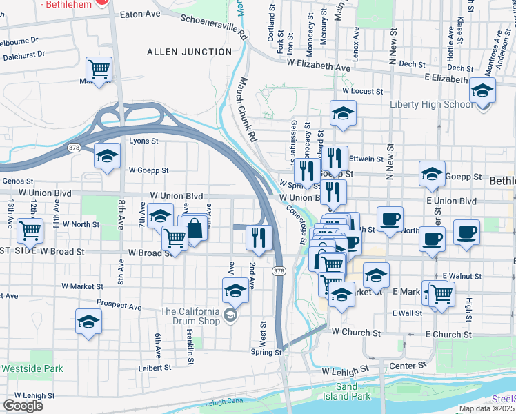 map of restaurants, bars, coffee shops, grocery stores, and more near 734 2nd Avenue in Bethlehem