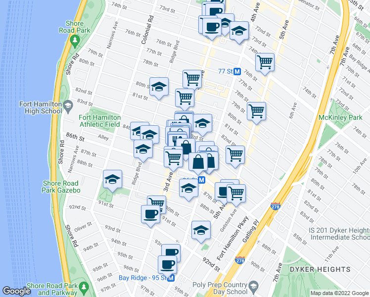 map of restaurants, bars, coffee shops, grocery stores, and more near 316 84th Street in Brooklyn