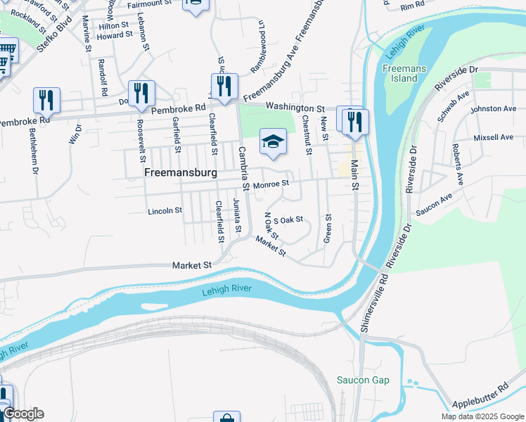 map of restaurants, bars, coffee shops, grocery stores, and more near 135 North Oak Street in Freemansburg