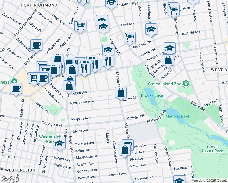 map of restaurants, bars, coffee shops, grocery stores, and more near 90 Egbert Avenue in Staten Island