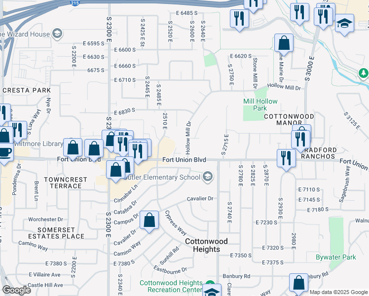 map of restaurants, bars, coffee shops, grocery stores, and more near 6958 Hollow Mill Drive in Cottonwood Heights