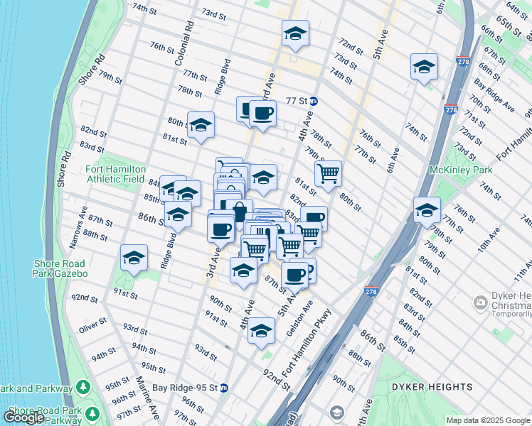 map of restaurants, bars, coffee shops, grocery stores, and more near 365 84th Street in Brooklyn