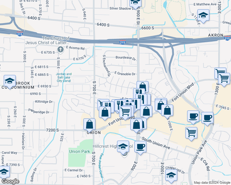 map of restaurants, bars, coffee shops, grocery stores, and more near 7515 South 800 East in Midvale