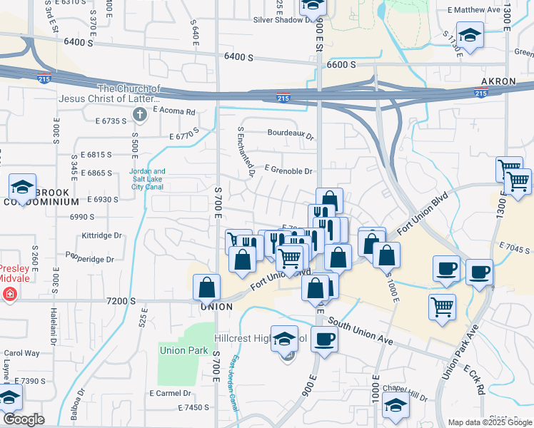 map of restaurants, bars, coffee shops, grocery stores, and more near 7515 South 800 East in Midvale