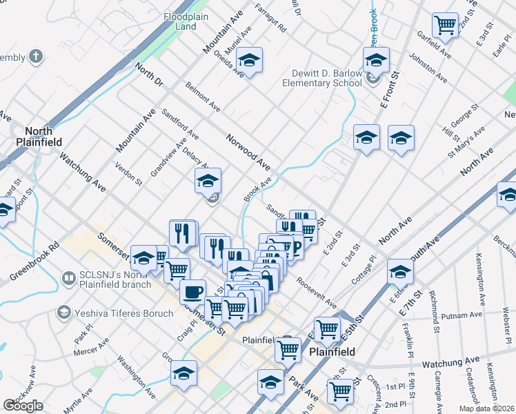 map of restaurants, bars, coffee shops, grocery stores, and more near 70 Westervelt Avenue in Plainfield