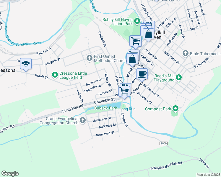 map of restaurants, bars, coffee shops, grocery stores, and more near 435 Spruce Street in Schuylkill Haven
