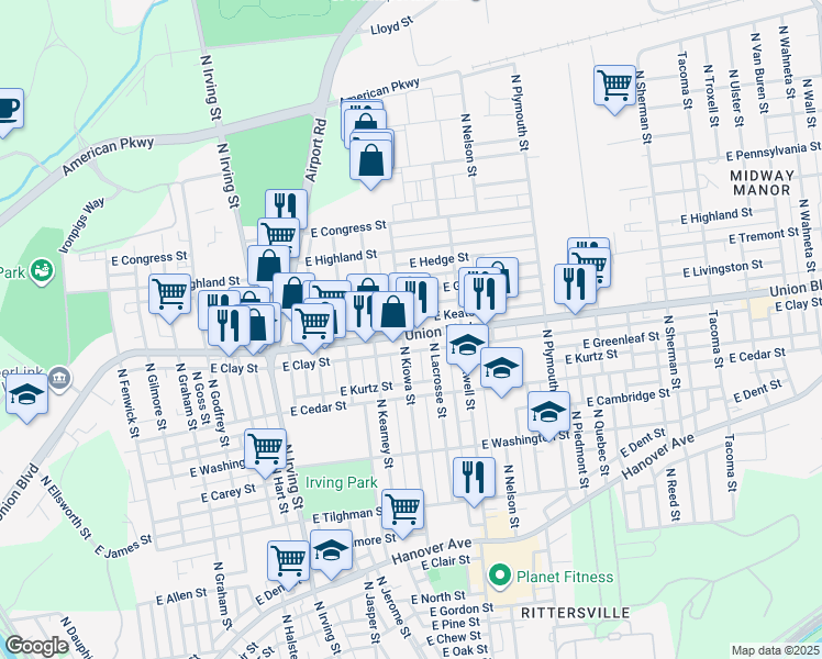 map of restaurants, bars, coffee shops, grocery stores, and more near 1129 State Route 1002 in Allentown