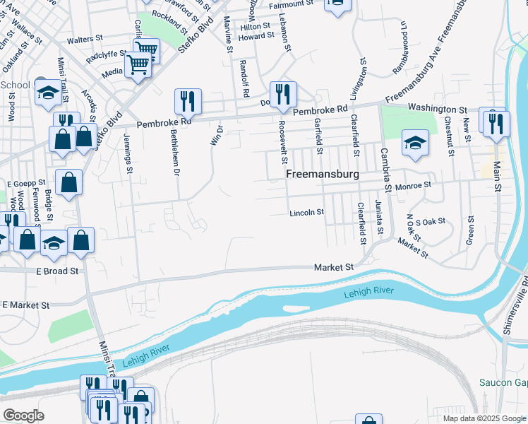 map of restaurants, bars, coffee shops, grocery stores, and more near 1019 Lincoln St in Freemansburg