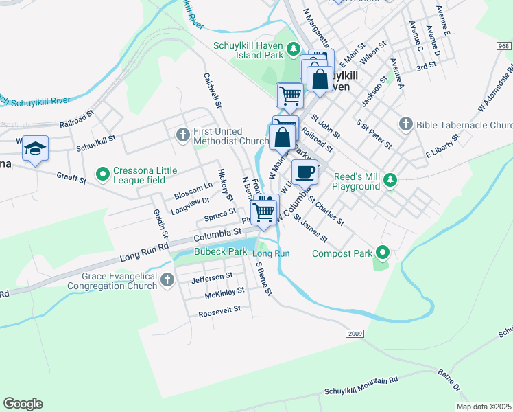 map of restaurants, bars, coffee shops, grocery stores, and more near 76 North Berne Street in Schuylkill Haven