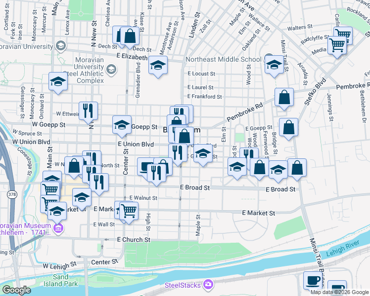 map of restaurants, bars, coffee shops, grocery stores, and more near 739 Linden Street in Bethlehem