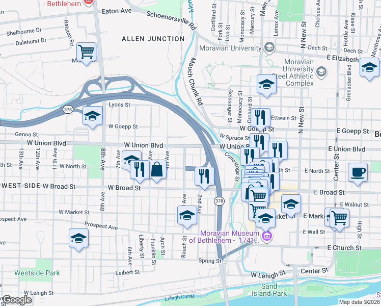 map of restaurants, bars, coffee shops, grocery stores, and more near 725 2nd Avenue in Bethlehem